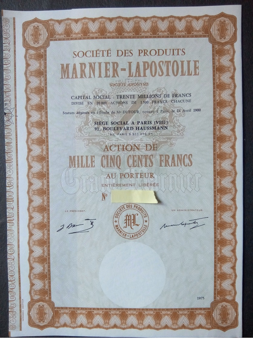 1 Sté Des Produits Marniers - Lapostolle Action De 500 FR - Other & Unclassified