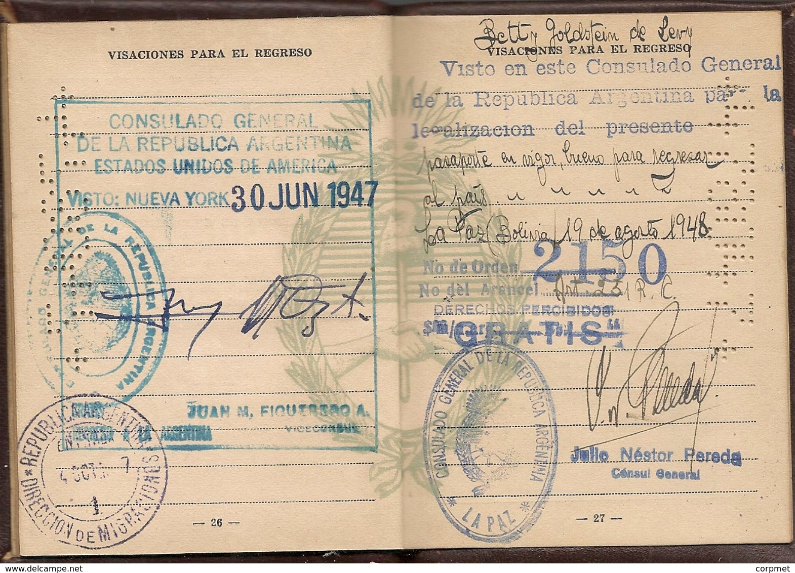 ARGENTINA 1947 PASSPORT- PASSEPORT -multiple VISAS -  rare CUBA REVENUE STAMP - MEXICO - BRASIL - BOLIVIA - CANADA -USA