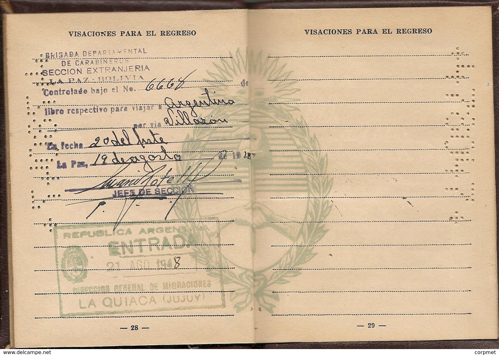ARGENTINA 1947 PASSPORT- PASSEPORT -multiple VISAS -  rare CUBA REVENUE STAMP - MEXICO - BRASIL - BOLIVIA - CANADA -USA