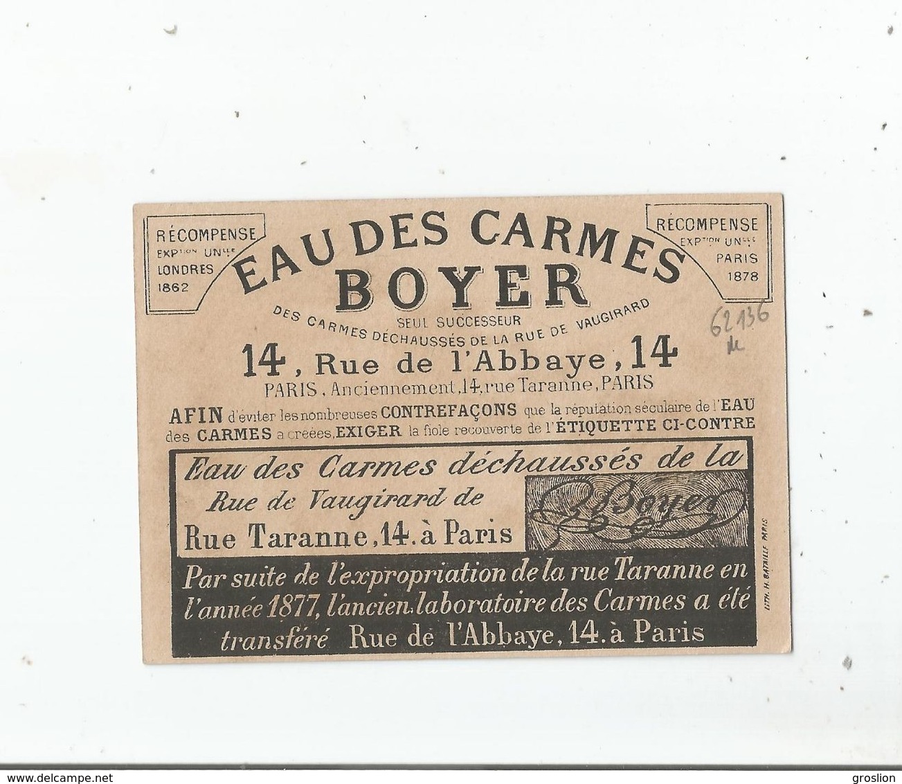 CHROMO EAU DES CARMES BOYER PARIS (LA PECHE) 1878 - Autres & Non Classés