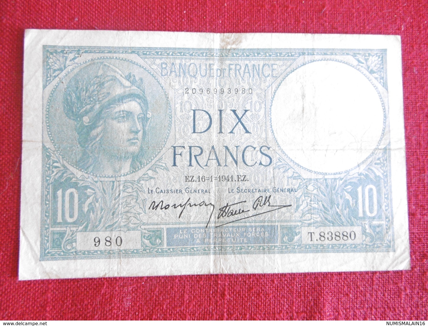 BILLET 10 FRANCS MINERVE-16.01.1941-N°980/T.83880 - 10 F 1916-1942 ''Minerve''