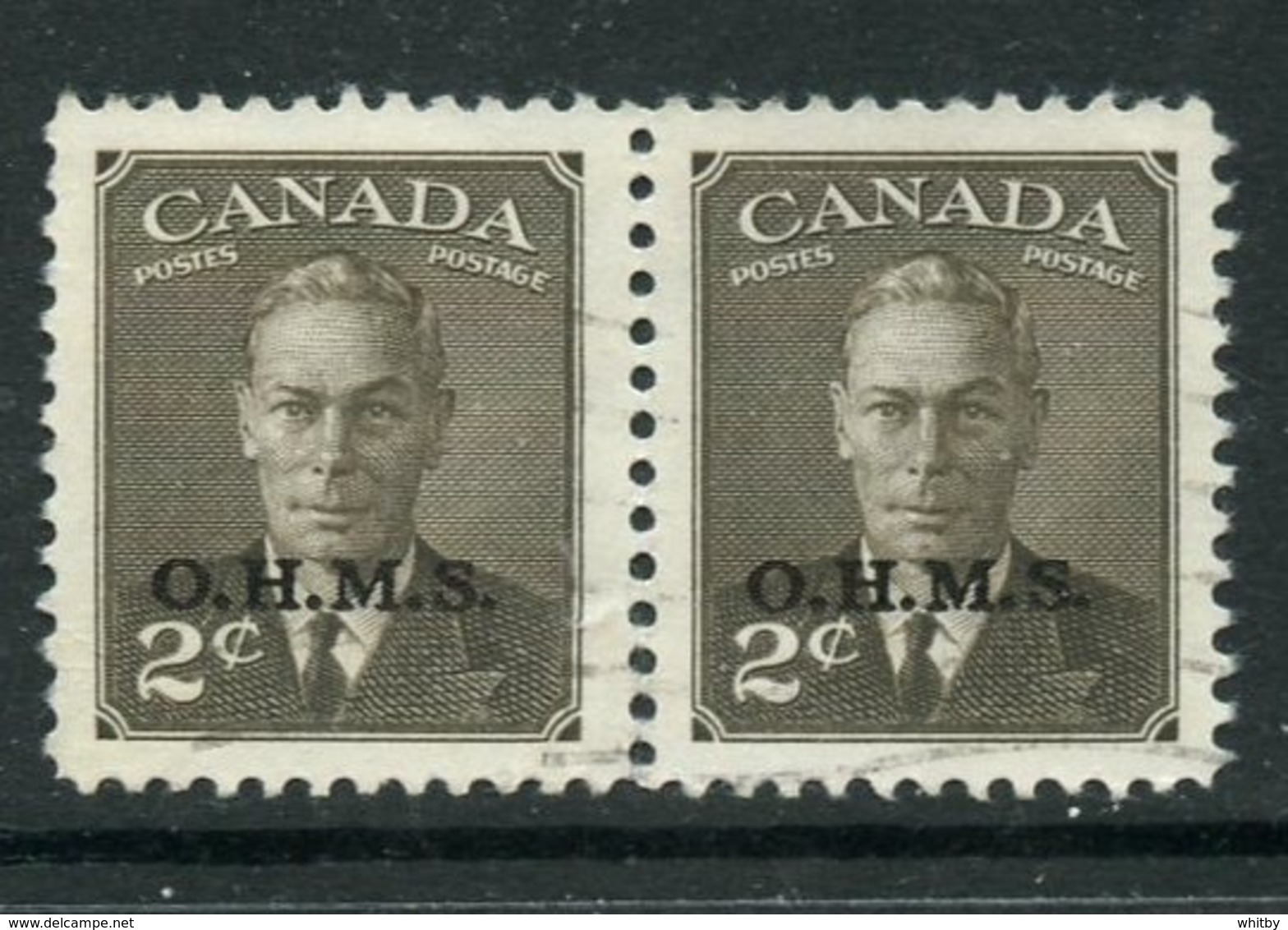 Canada 1950 Official 2 Cent King George VI  Issue Overprinted OHMS #O13 Pair - Surchargés