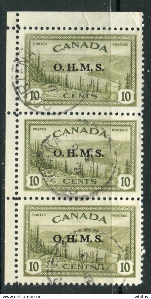 Canada 1949 Official 10 Cent Great Bear Lake  Issue Overprinted OHMS #O6 Strip Of 3 - Aufdrucksausgaben