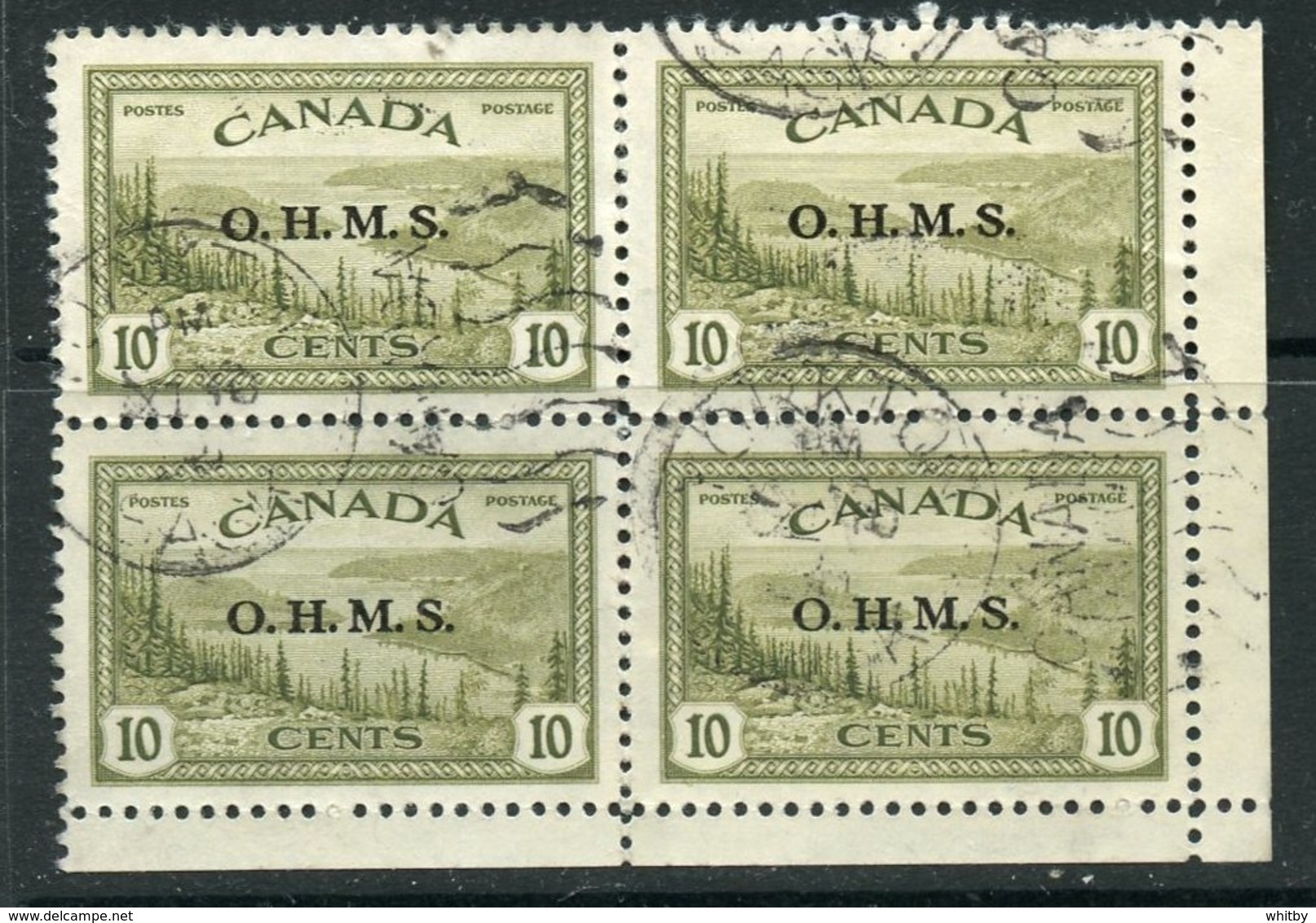 Canada 1949 Official 10 Cent Great Bear Lake  Issue Overprinted OHMS #O6 Block Of 4 - Sovraccarichi