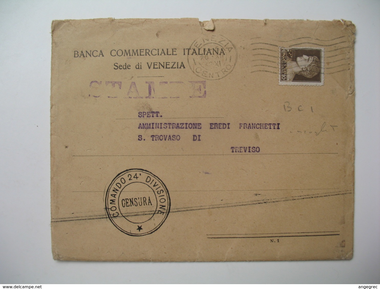 Lettre Perforé Perfin BCI  Banca Commerciale Italiana Sede Di Venezia  1932  Cachet " Commando 24 Divisione Censura " - Non Classés