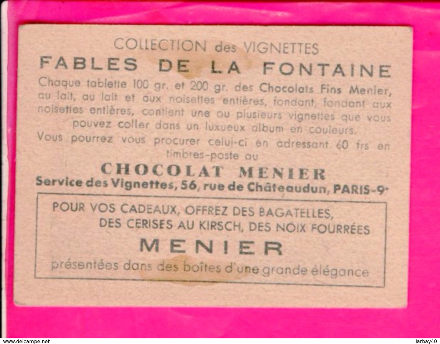 Image 7 X 5 Cm Chocolat Menier Fables De La Fontaine - Autres & Non Classés