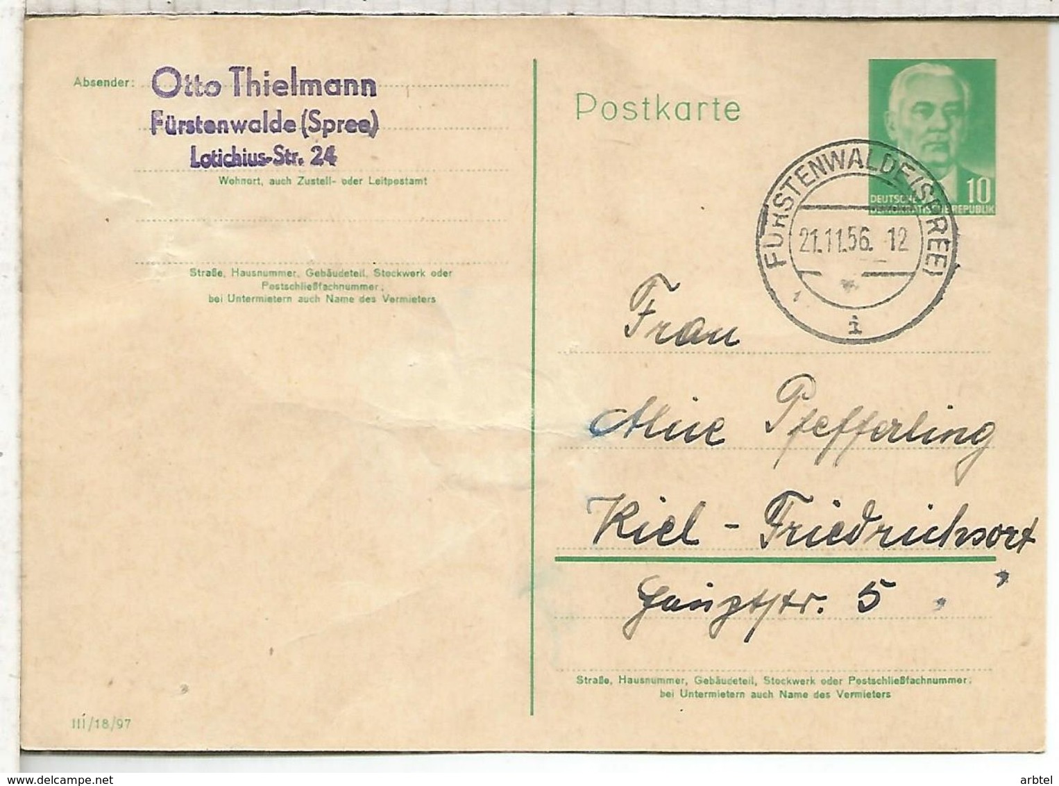 ALEMANIA DDR ENTERO POSTAL FÜRSTENWALDE 1956 - Postales - Usados