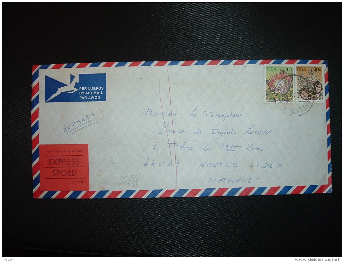 LETTRE EXPRESS Par Avion Pour La FRANCE TP PROTEA AMPLEXICAULIS 30c + TP PROTEA CYNAROIDES 5c OBL.9 XI 79 + VIGNETTE ROU - Lettres & Documents