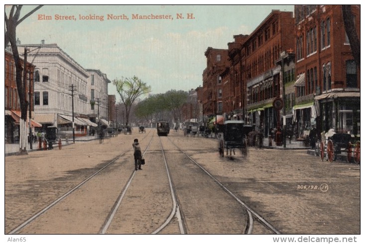 Manchester New Hampshire, Elm Street, Business District, Horse-drawn Wagons, C1910s Vintage Postcard - Manchester