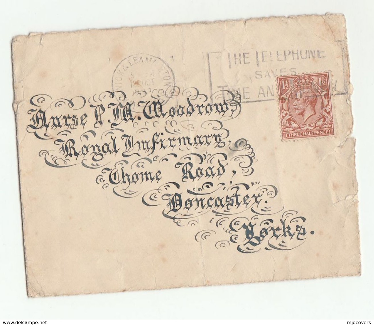 1933 GB COVER Lovely CALLIGRAPHY WRITING Address To DONCASTER ROYAL INFIRMARY Warwick Health Medicine Telecom Stamp - Covers & Documents