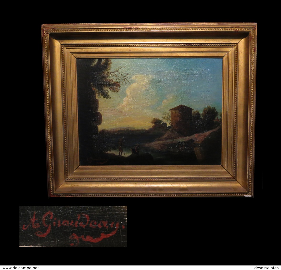 [ITALIA ?] GIRAUDEAU (A.) - [Huile Sur Toile Signée :] Paysage Lacustre. Circa 1830. - Oils