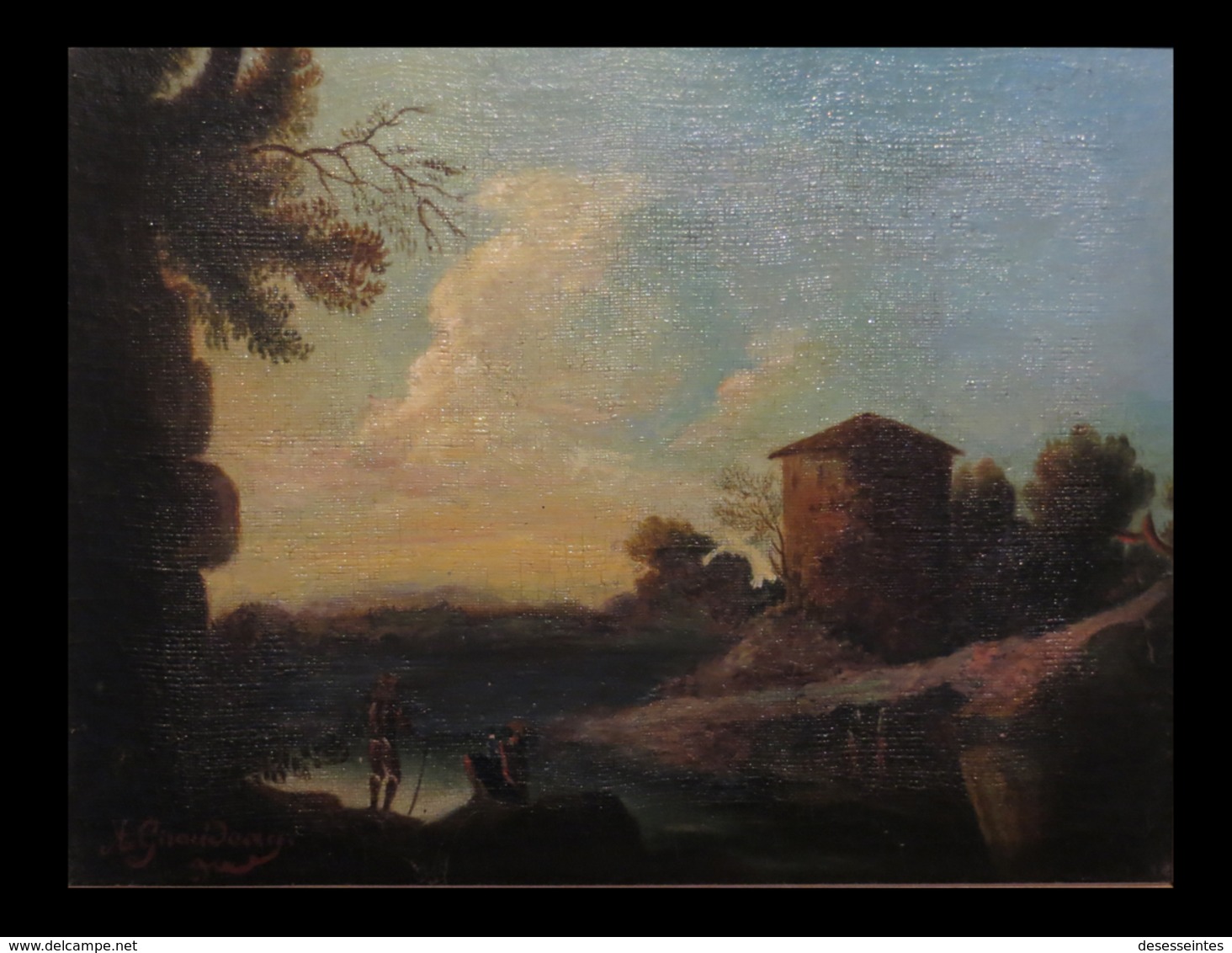 [ITALIA ?] GIRAUDEAU (A.) - [Huile Sur Toile Signée :] Paysage Lacustre. Circa 1830. - Oils