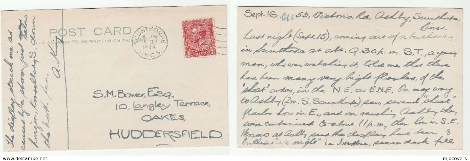 1934 ASHBY SCUNTHORPE GB Stamps COVER Card  THUNDERSTORM METEOROLOGY REPORT Gv Report - Climate & Meteorology