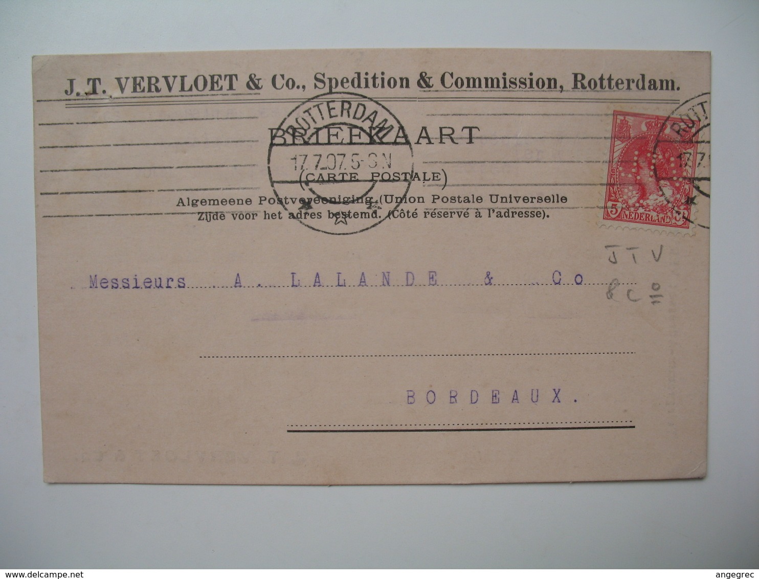 Lettre Perforé  Perfin  JTV & CO  J.T. Vervloet & Co   Pays-Bas   1907   Rotterdam   Pour  La France Bordeaux - Brieven En Documenten