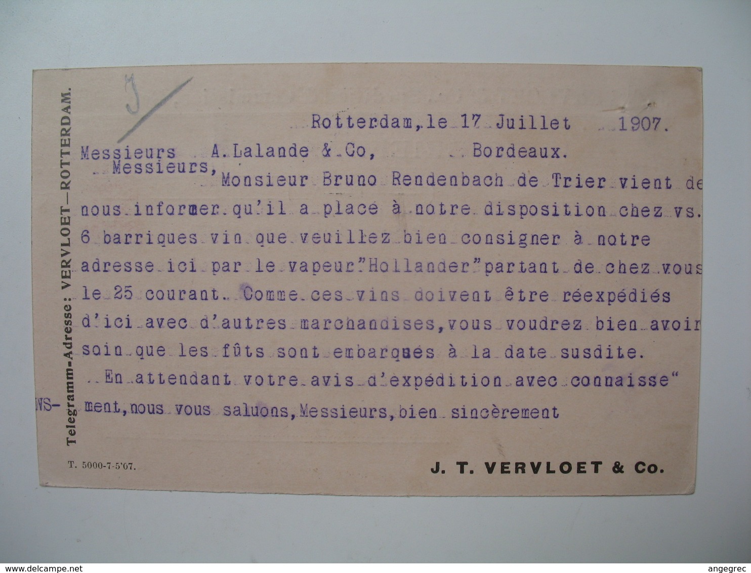 Lettre Perforé  Perfin  JTV & CO  J.T. Vervloet & Co   Pays-Bas   1907   Rotterdam   Pour  La France Bordeaux - Brieven En Documenten