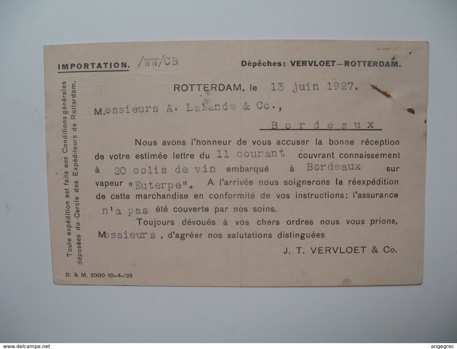 Lettre Perforé  Perfin  JTV & CO  J.T. Vervloet & Co   Pays-Bas   1927   Rotterdam   Pour  La France Bordeaux - Lettres & Documents