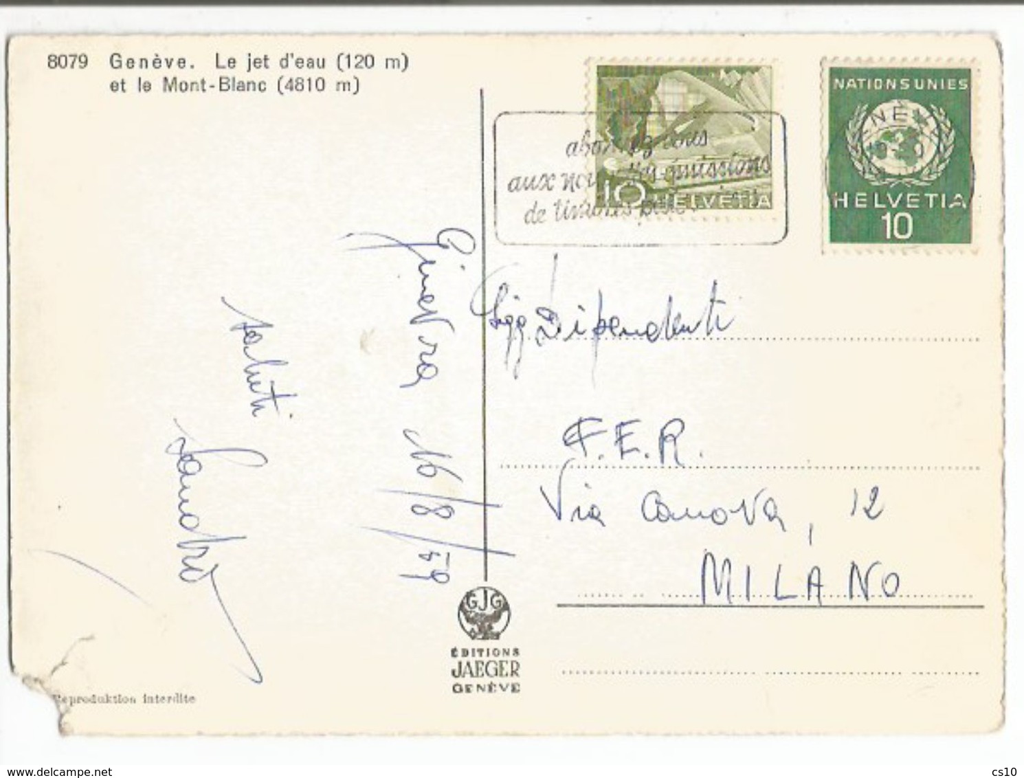 Suisse + United Nations Mixed Franked PPC Geneve 16aug1959 To Italy - Twin Values C.10 - Dienstmarken