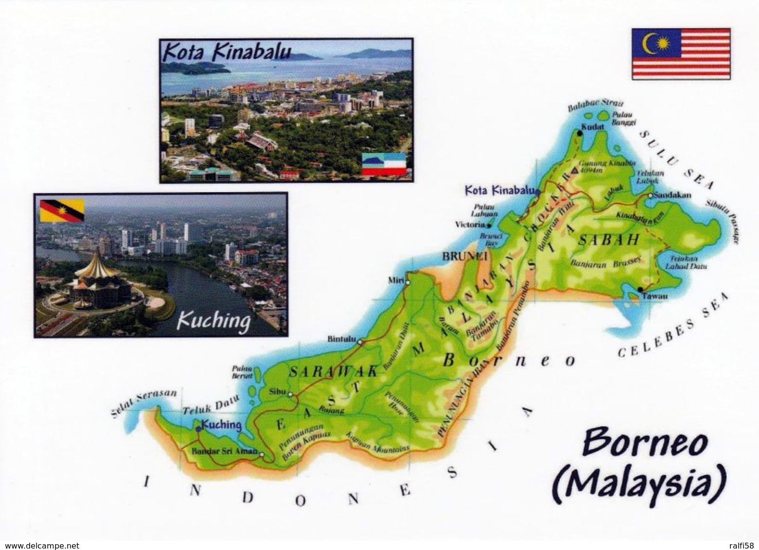 1 Map Of Malaysia Insel Borneo * 1 Landkarte Von Sabah + Sarawak, In D. Kl. Bildern Die Hauptstädte Dieser Bundesstaaten - Mapas