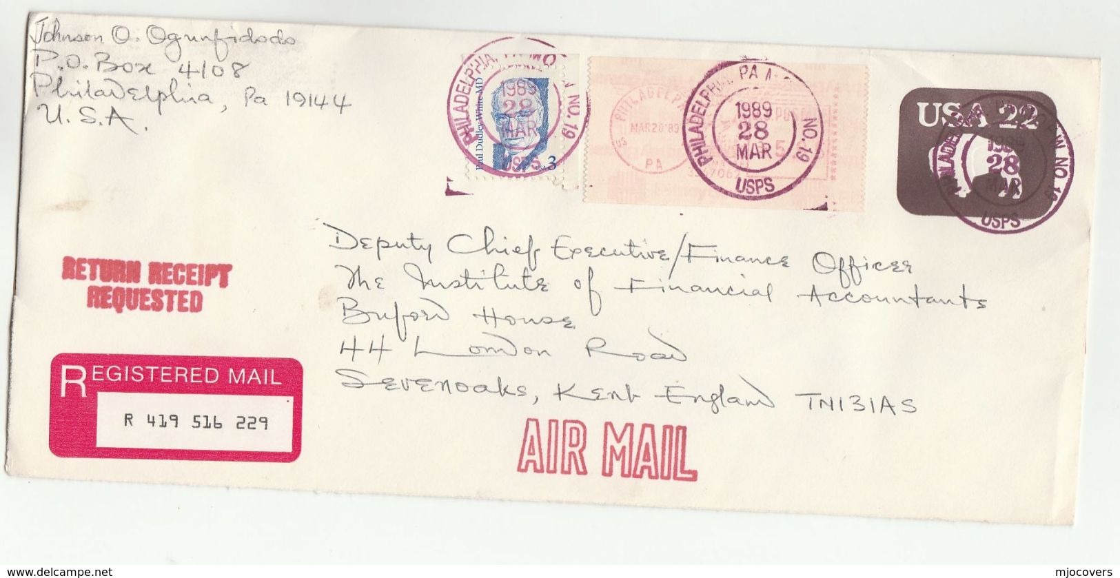 1988 REGISTERED USA 22c UPRATED  DUDLEY WHITE Doctor Stamps METER Postal STATIONERY COVER Air Mail To GB Health Medicine - 1981-00