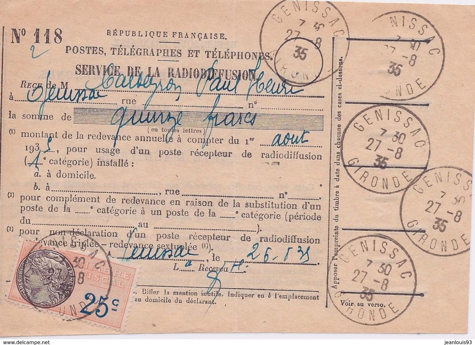 FRANCE - BULLETIN DE RADIODIFFUSION TIMBRE FISCAL 1935 - Radiodiffusion