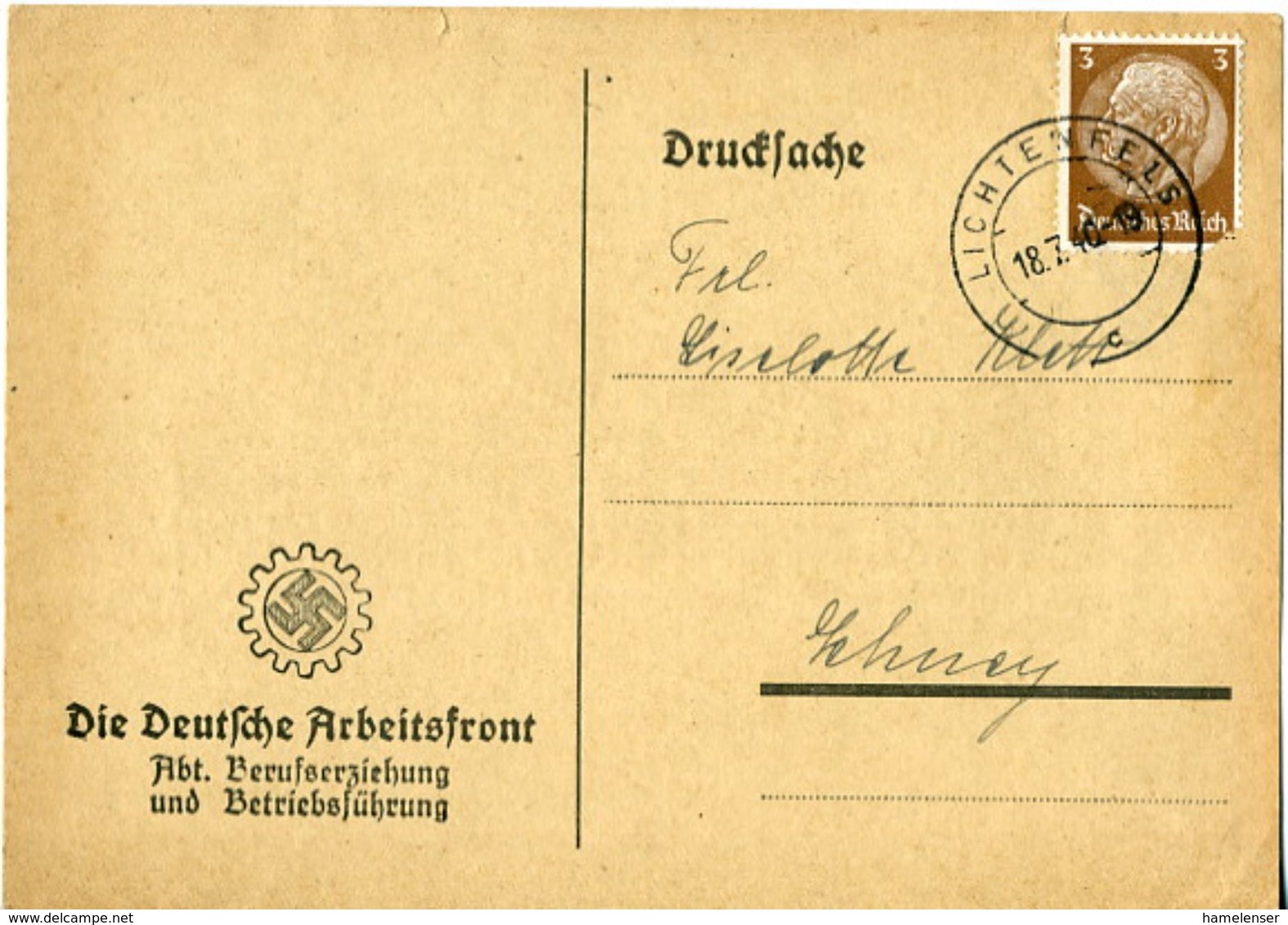43825 - Germany / Third Reich - 1940 - 3Pfg. Hindenburg On Pt'd Matter Card From LICHTENFELS - Briefe U. Dokumente