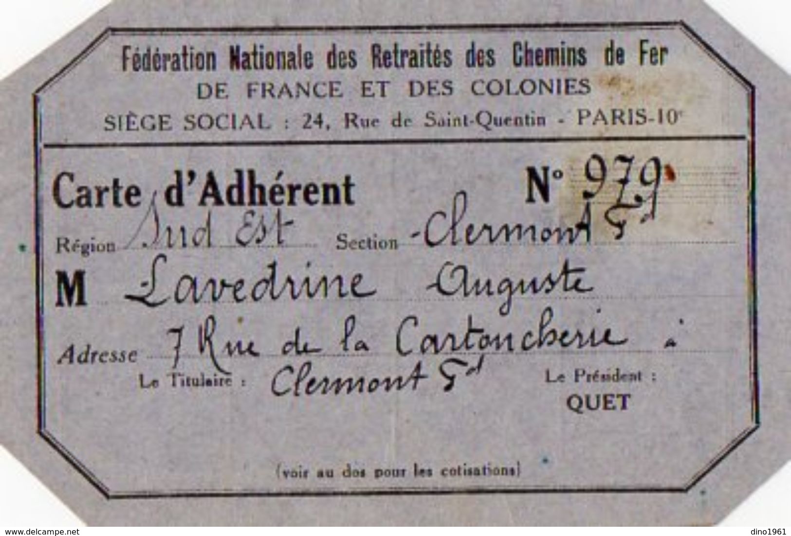 VP11.949 - CLERMONT FERRAND X PARIS - Fédération Nationale Des Retraités Des Chemins De Fer - Carte D'Adhérent - Autres & Non Classés