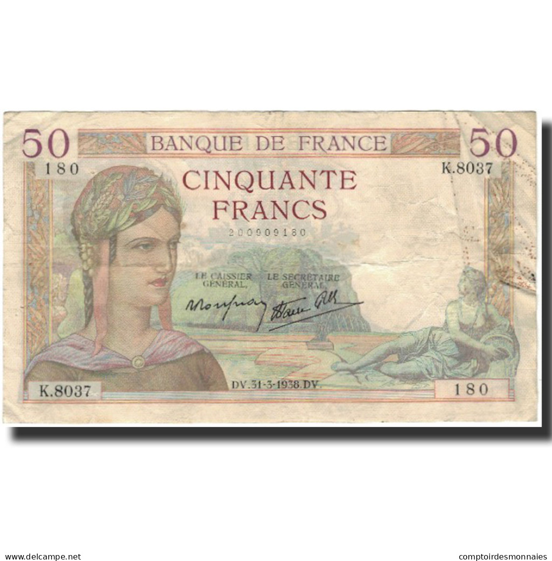 France, 50 Francs, 50 F 1934-1940 ''Cérès'', 1938-03-31, TB+, KM:85b - 50 F 1934-1940 ''Cérès''