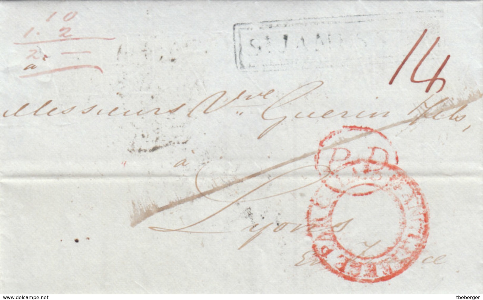 Great Britain France 1839 Entire Letter London St. James To Lyon Oval PD ANVERS LIEGE PAR CALAIS In Red (q145) - ...-1840 Préphilatélie