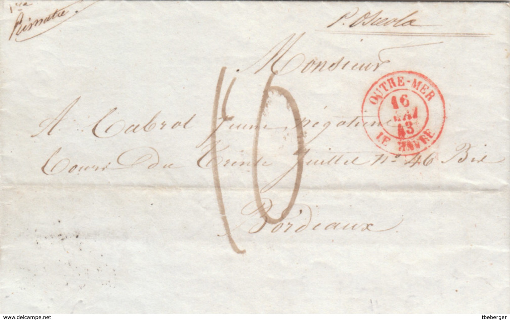 USA France 1843 Entire Letter New Orleans To Bordeaux Crisp OUTREMER LE HAVRE (q147) - 1801-1848: Précurseurs XIX