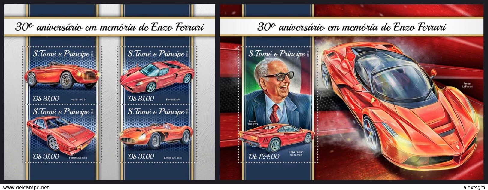 S. TOME & PRINCIPE 2018 - Enzo Ferrari Cars. M/S + S/S Official Issue - Sao Tome And Principe