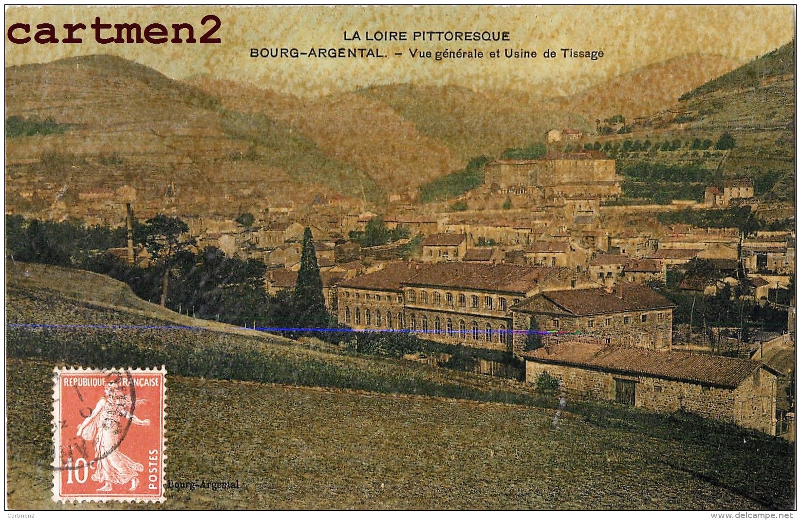 BOURG-ARGENTAL VUE GENERALE ET USINE DE TISSAGE CARTE TOILEE 42 - Bourg Argental