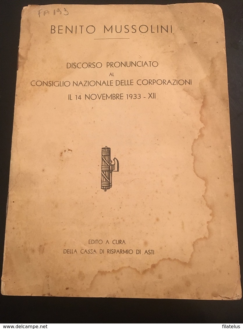 14-11-1933-BENITO MUSSOLINI - DISCORSO PRONUNCIATO AL CONSIGLIO NAZIONALE DELLE COIRPIRAZIO I- - A Identifier