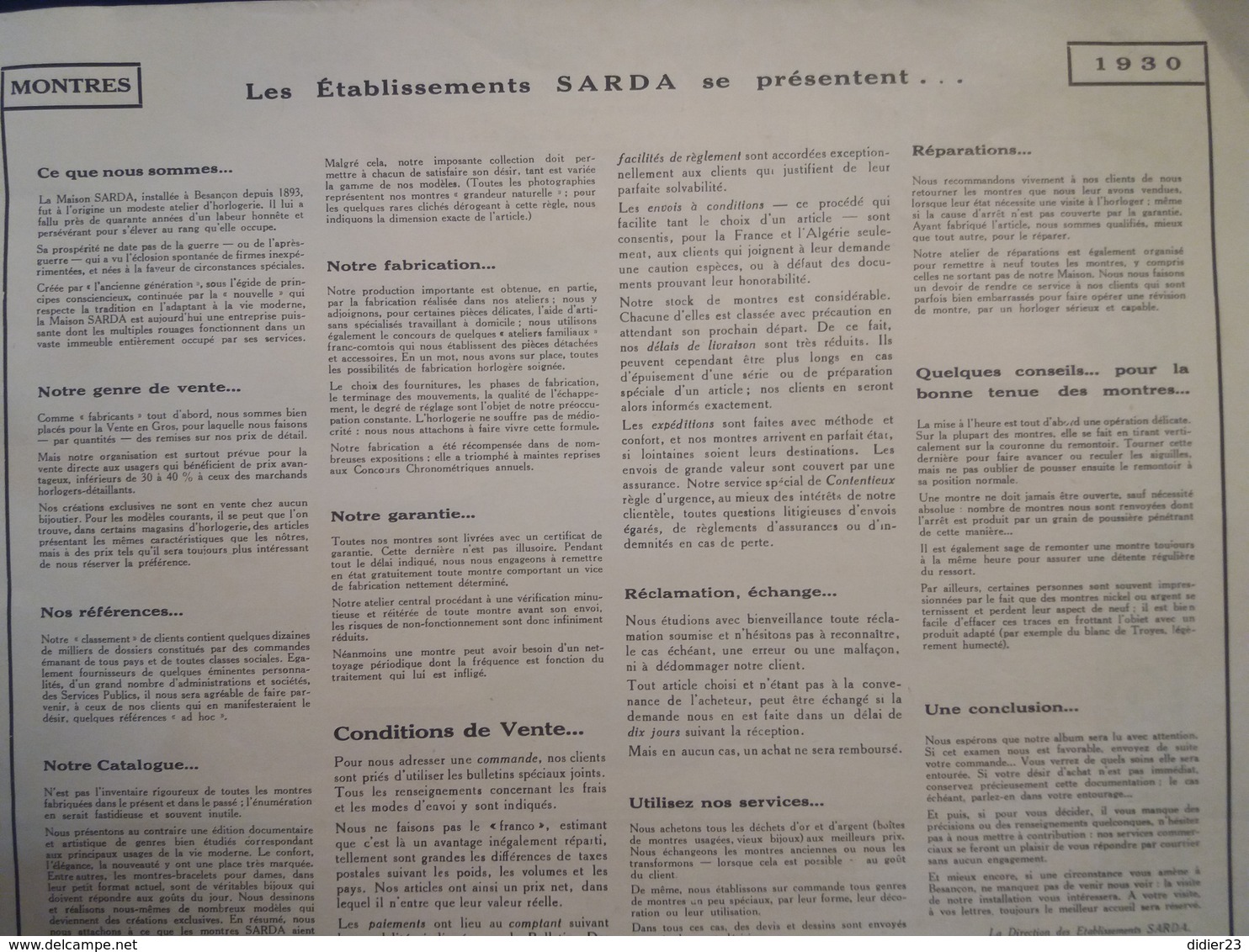 SARDA CATALOGUE 1930 BESANCON  MONTRE CHRONOMÈTRE PENDULETTE  MONTRES AUTOS - Andere & Zonder Classificatie