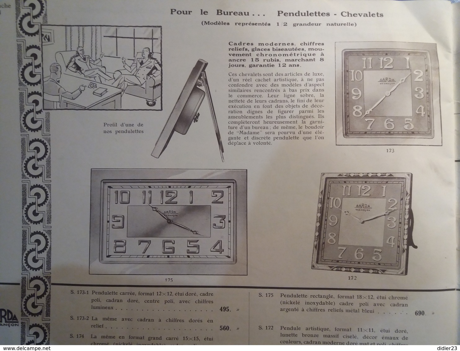 SARDA CATALOGUE 1930 BESANCON  MONTRE CHRONOMÈTRE PENDULETTE  MONTRES AUTOS