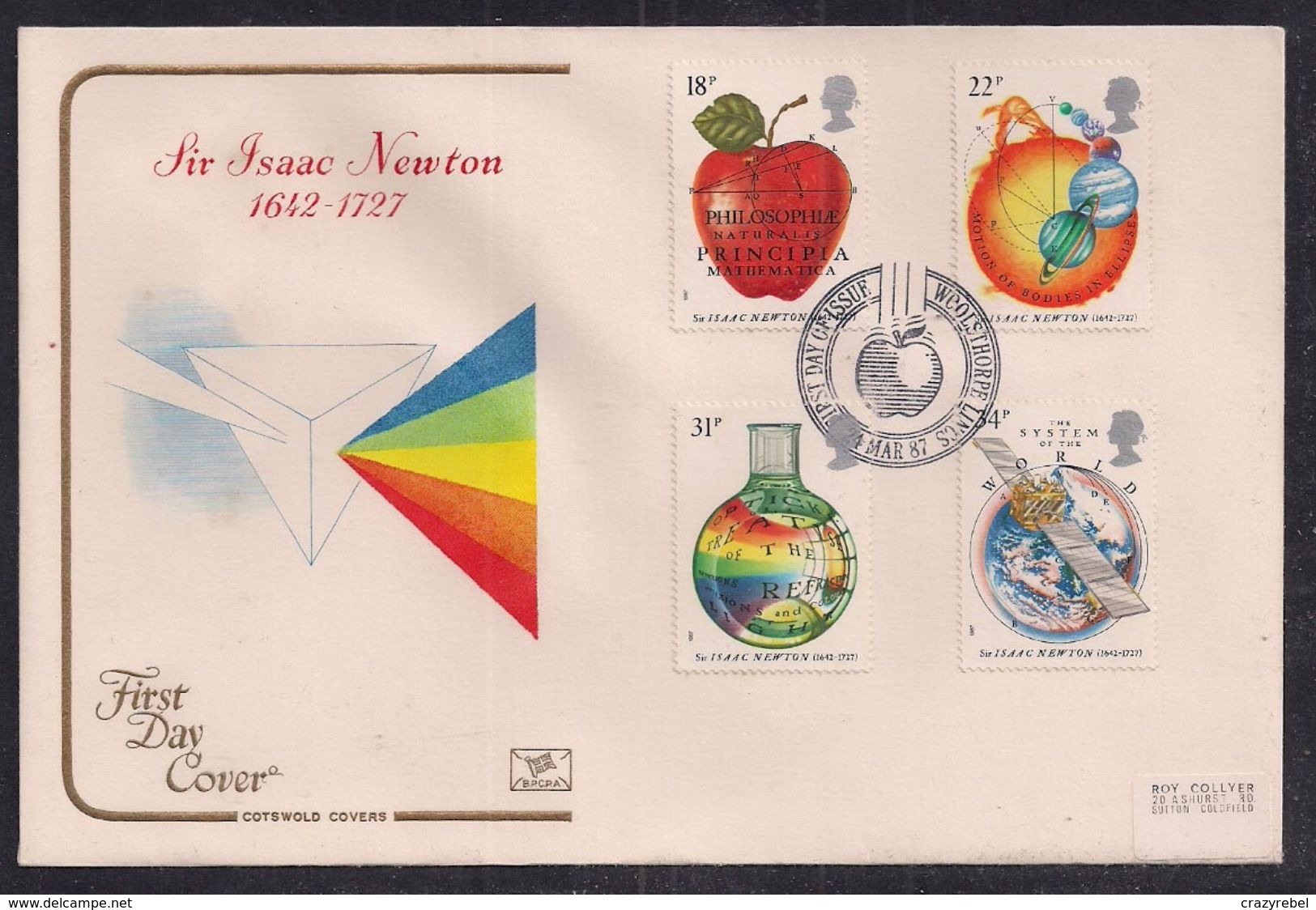 GB 1987 QE2 FDC Isaac Newton Set SHS Woolsthorpe Pmk ( C1151 ) - 1981-1990 Decimal Issues