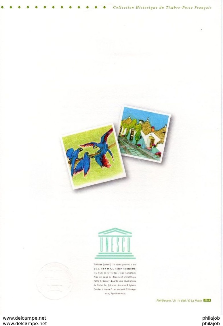 " UNESCO 2014 : BRESIL / ITALIE " Sur Doc. Philatélique Officiel 1°Jour De 4 Pages. N°YT SERV 161 162. Parf état. DPO - 2010-2019