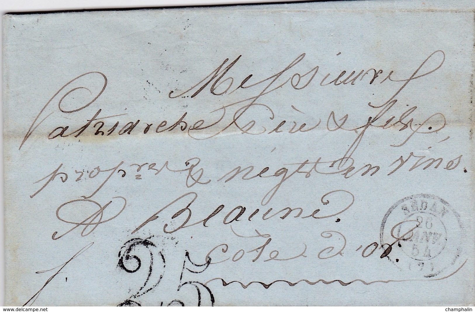 LAC De Balan (08) Pour Beaune (21) - 26 Janvier 1854 - CAD Rond Type 15 Sedan + Taxe Double Trait 25 + Ambulant - 1849-1876: Classic Period