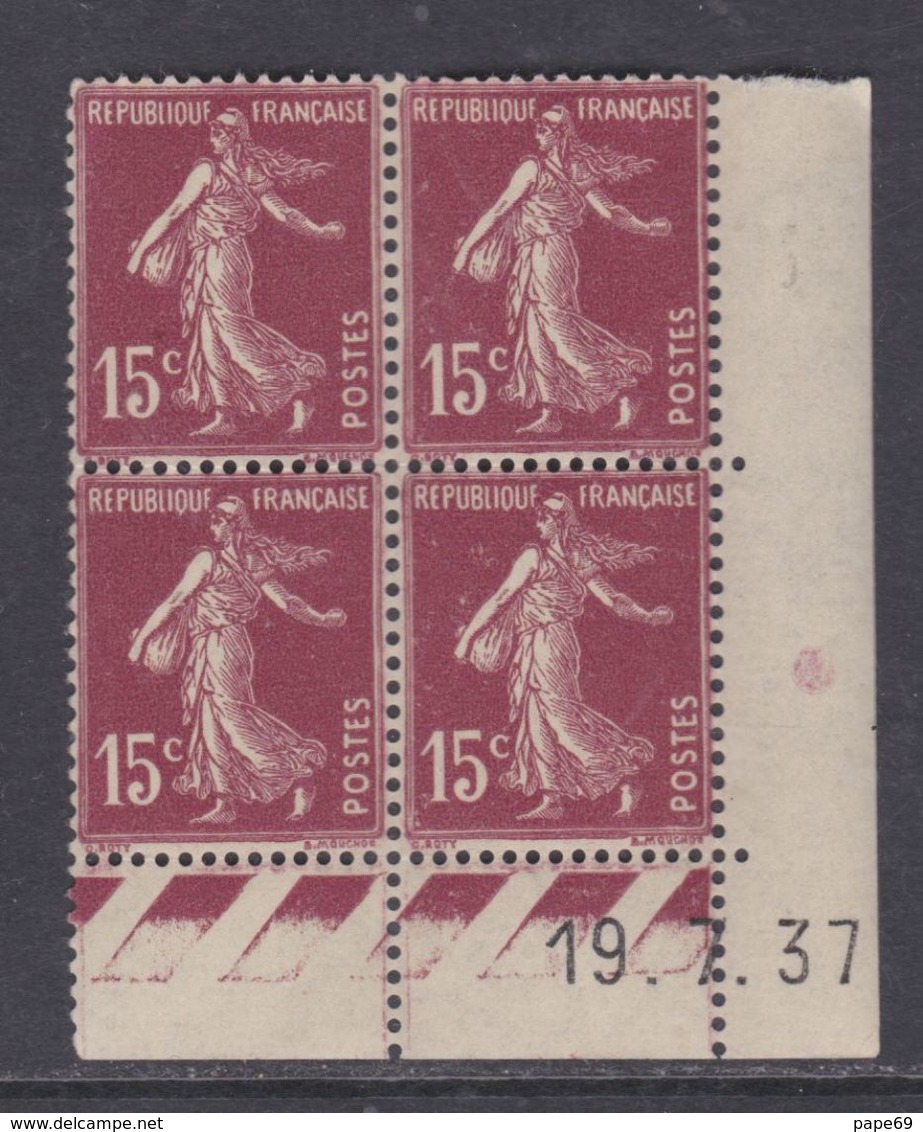 France N° 189 XX  Semeuse : 15 C. Brun-lilas ( Type II) En Bloc De 4 Coin Daté Du 19 . 7 . 37 ; Sans Charnière, TB - ....-1929
