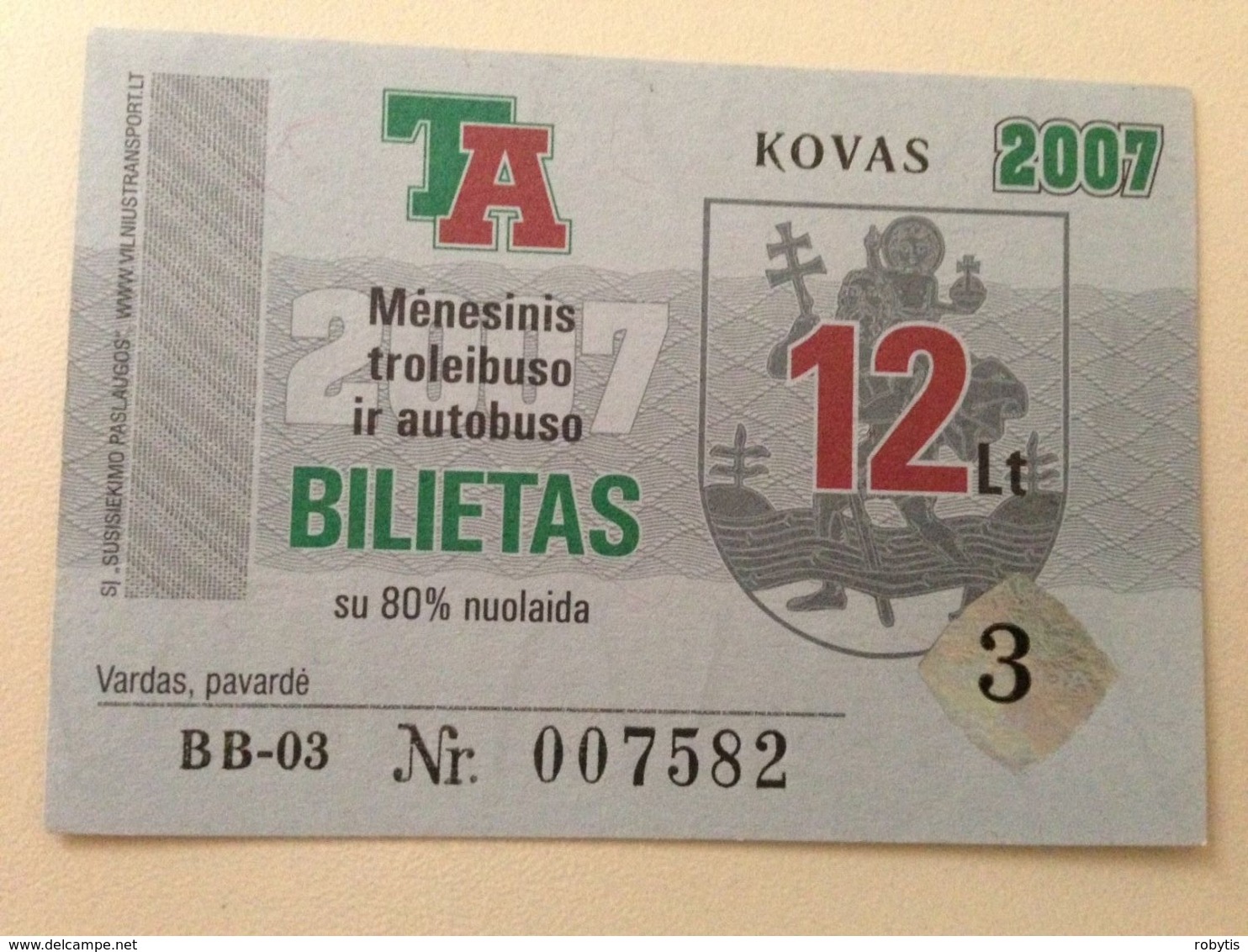 Lithuania Litauen Monthly Trolleybus  Ticket Vilnius 03-2007 - Europa