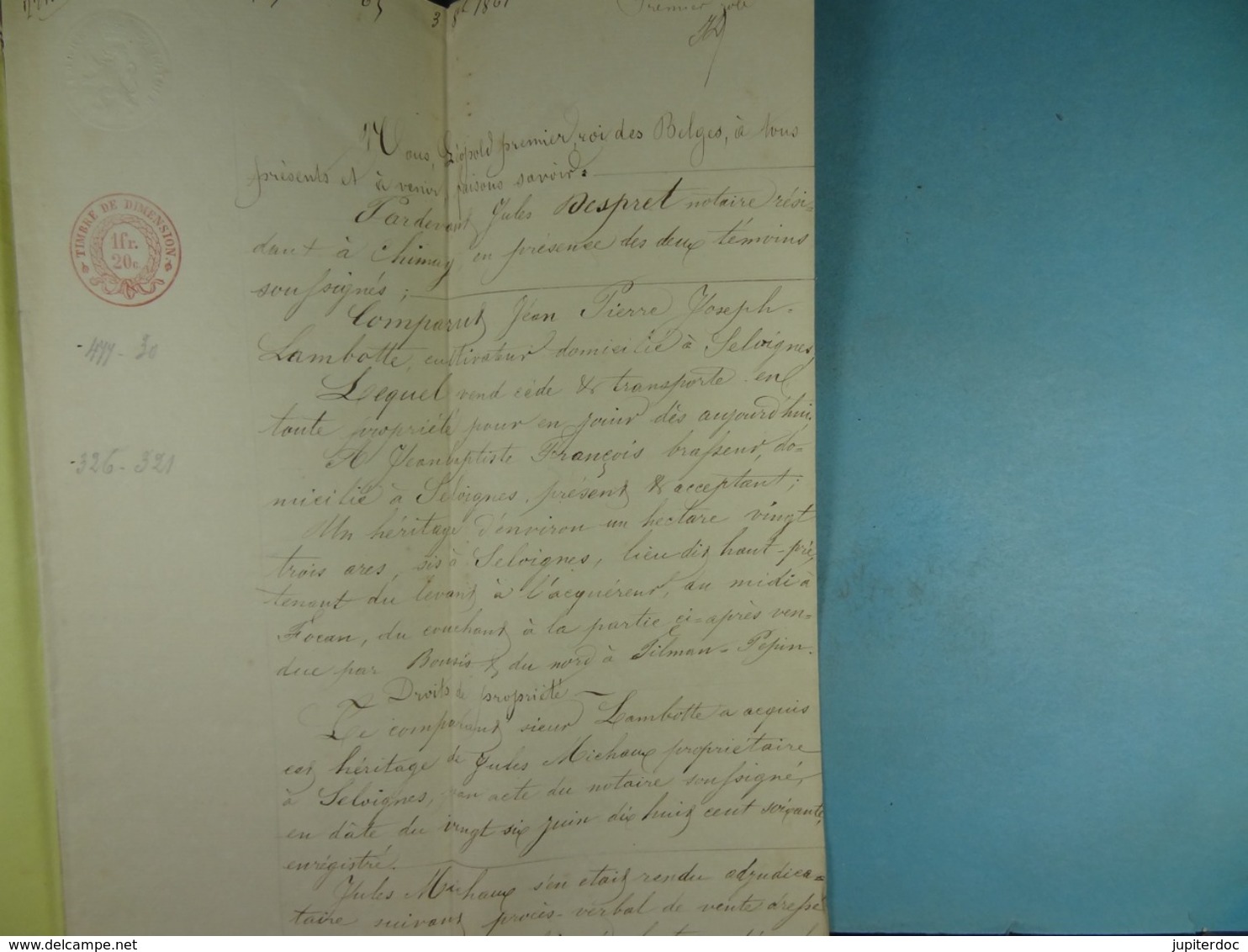 Acte Notarié 1861 Vente De Lambotte De Seloignes à François De Seloignes /15/ - Manuscrits