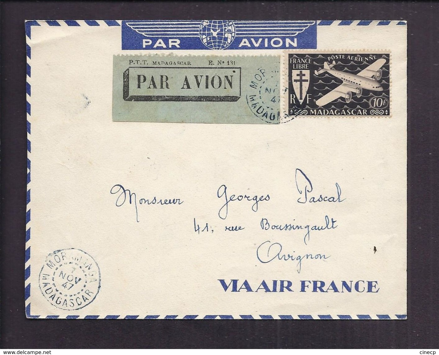 ENVELOPPE MADAGASCAR FRANCE LIBRE 1947 MORAMANGA Via TANANARIVE PAR AVION AIR FRANCE OBLITERATION ENCRE BLEUE - Covers & Documents