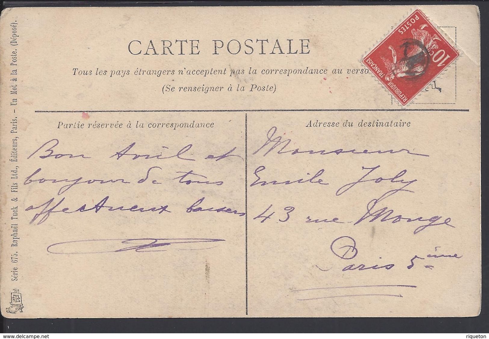 FR - Oblitération Semeuse 10 Ct, Cachet Du Jour De L'An 1/2 Sur CPA "Poisson D'Avril..Oh ! La Barbe ! B/TB - - Cachets Manuels