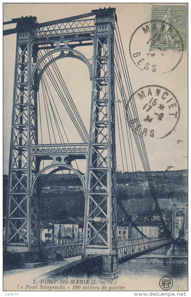 Port Sainte Marie 47 - Pont Suspendu - Editeur O. P.B. ? - Oblitérations 1924 Manciet Gers - Autres & Non Classés
