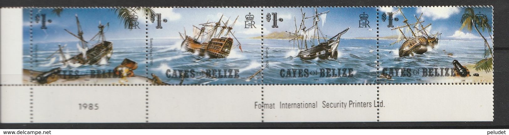 Cayes Of Belize 1985 Shipwrecks 4v.+1 Label Mnh - Belice (1973-...)