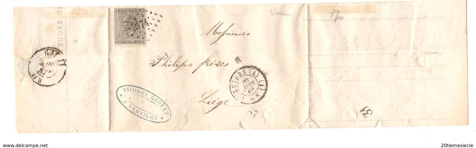 TP 17 S/LAC Banque& Recouvrement I.Brouet C.Verviers (A)(1) 30/6/1869 V.Liège Diverses Annotations AP2006 - Puntstempels