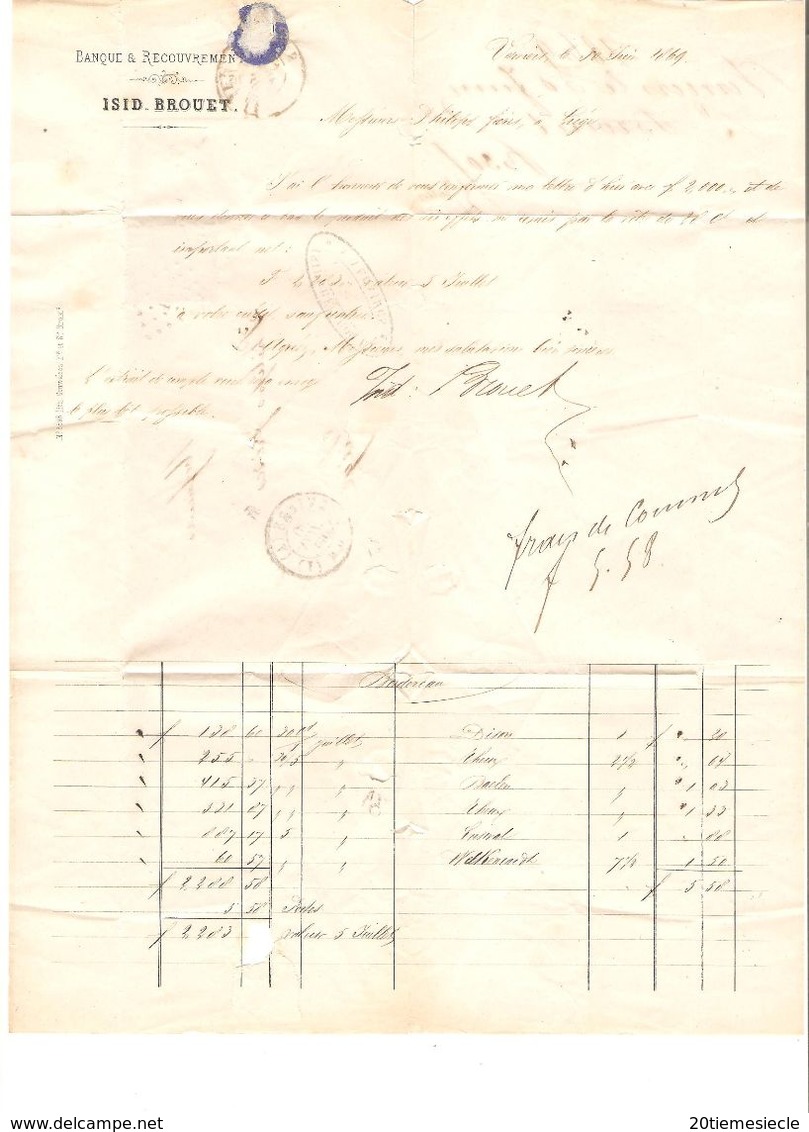 TP 17 S/LAC Banque& Recouvrement I.Brouet C.Verviers (A)(1) 30/6/1869 V.Liège Diverses Annotations AP2006 - Puntstempels