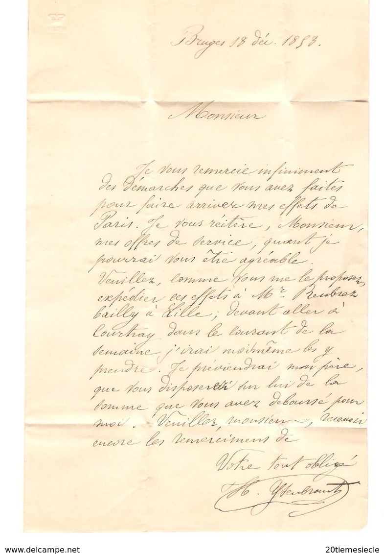 TP 7 S/LAC C.Bruges 18/12/1853 + Obl.à Barres 23 V.Arras Taxé AP2007 - Balkenstempel: Einladungen