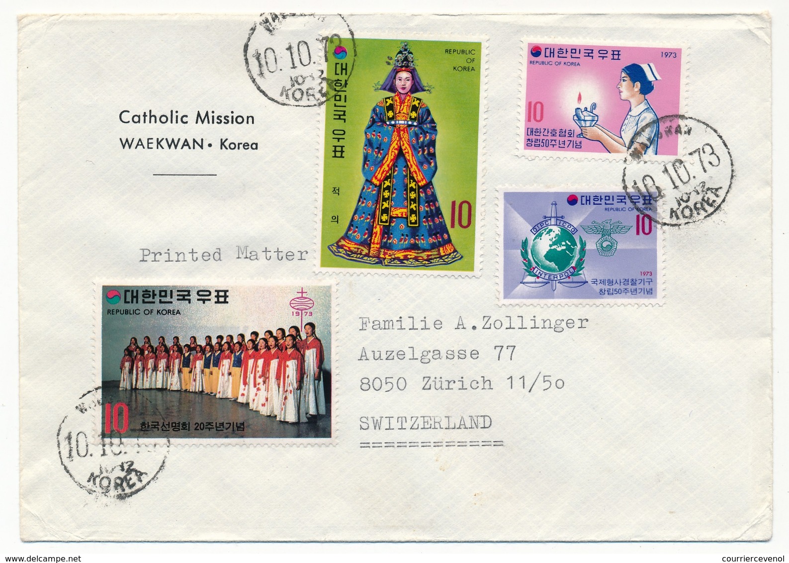 Enveloppe - Catholic Mission - WAEKWAN - COREE - Affranchissement Composé 1973 - Korea (Zuid)