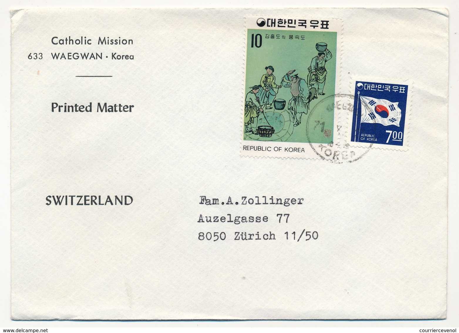 Enveloppe - Catholic Mission - WAEKWAN - COREE - Affranchissement Composé 1971 - Korea, South
