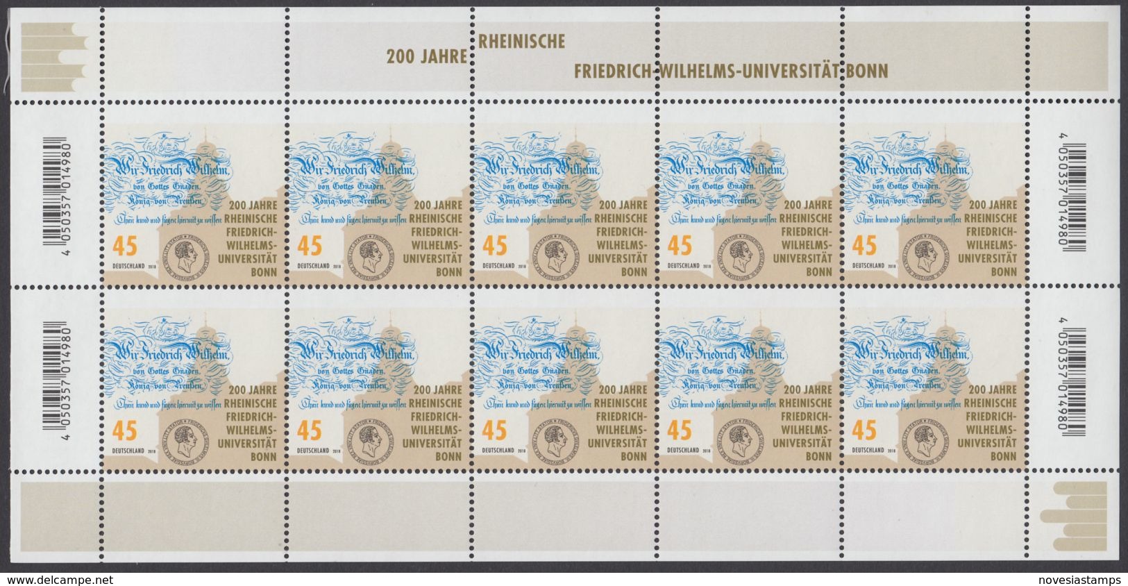 !a! GERMANY 2018 Mi. 3360 MNH SHEET(10) - Rhenish Friedrich-Wilhelm-University, Bonn - 2011-2020